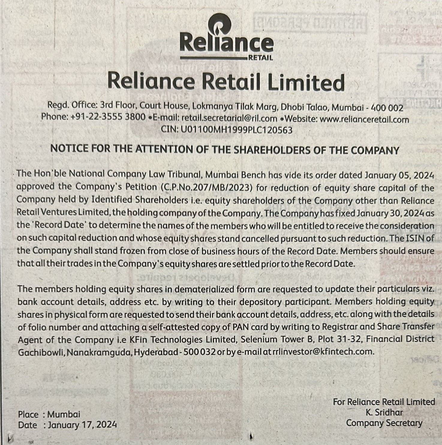 Notice regarding Reliance Retail Limited (RRL) capital reduction approved by NCLT
