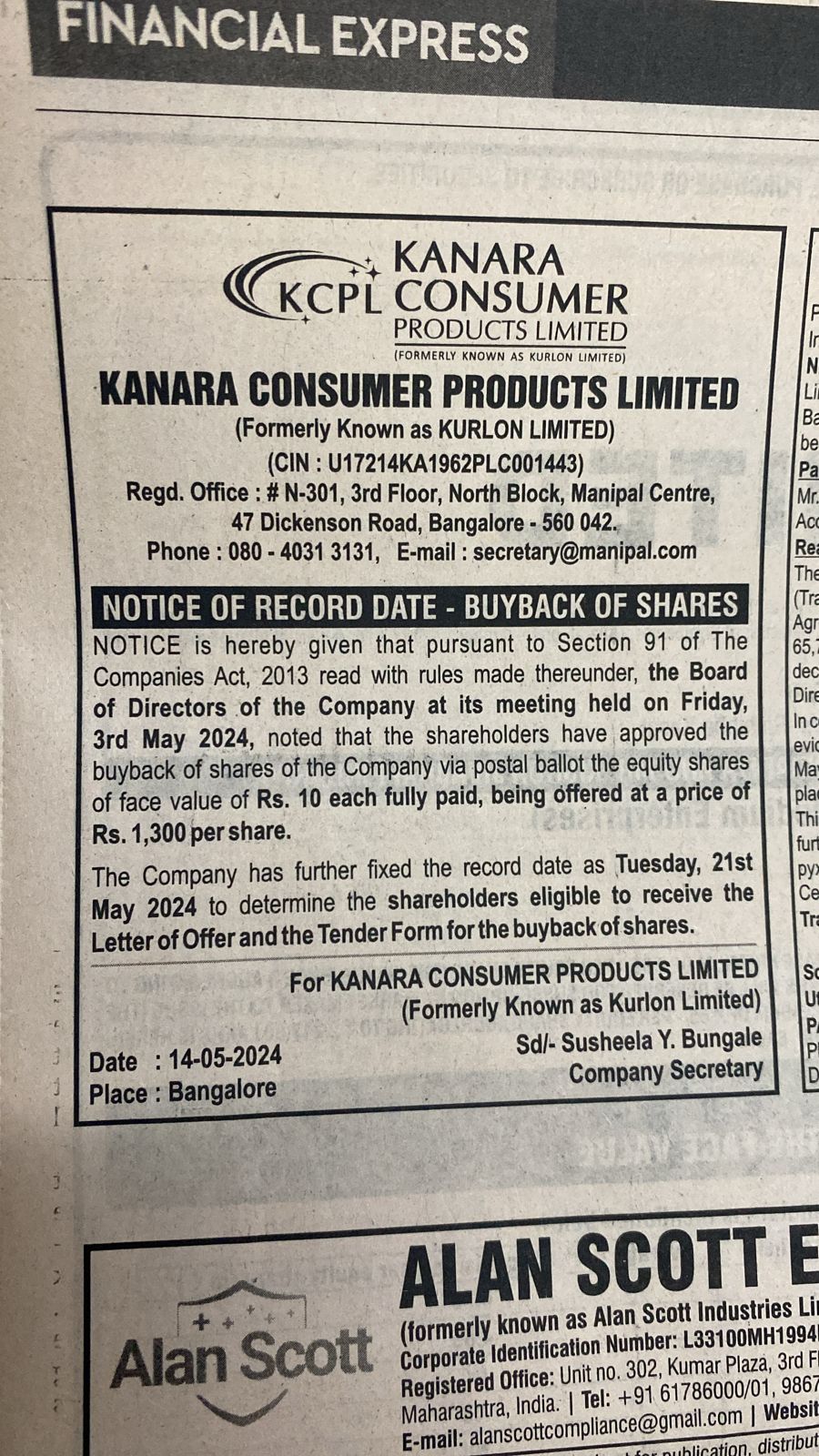 Notice of Record Date for Share Buyback by Kanara Consumer Products Ltd.