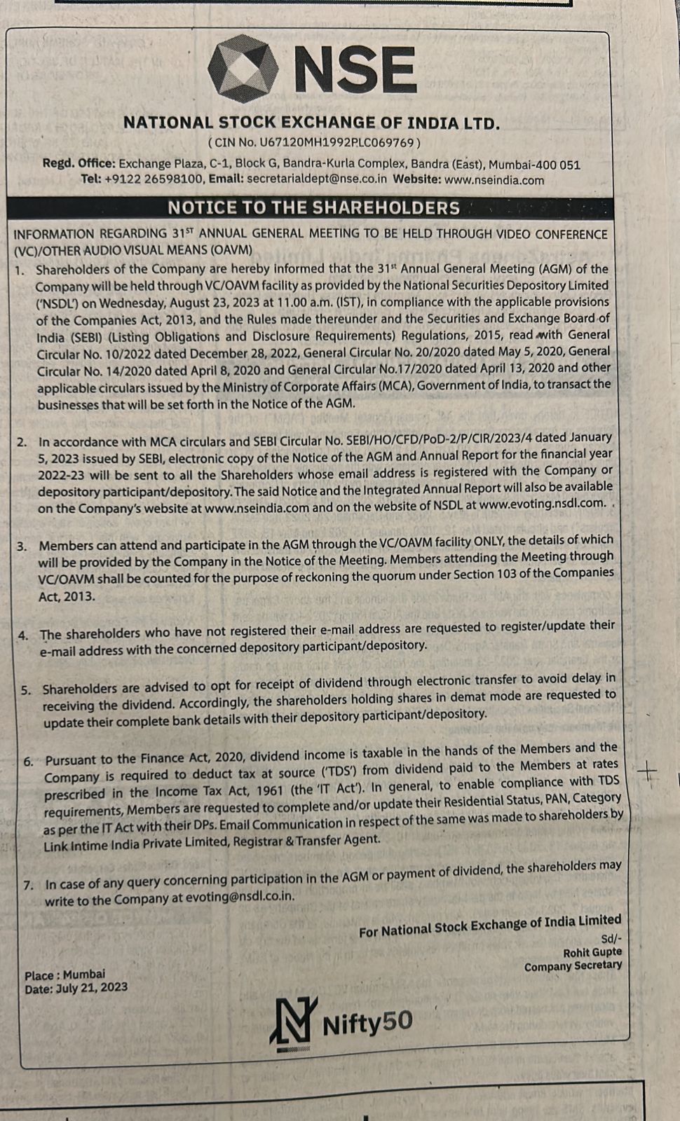 Notice for Annual General Meeting of National Stock Exchange (NSE)