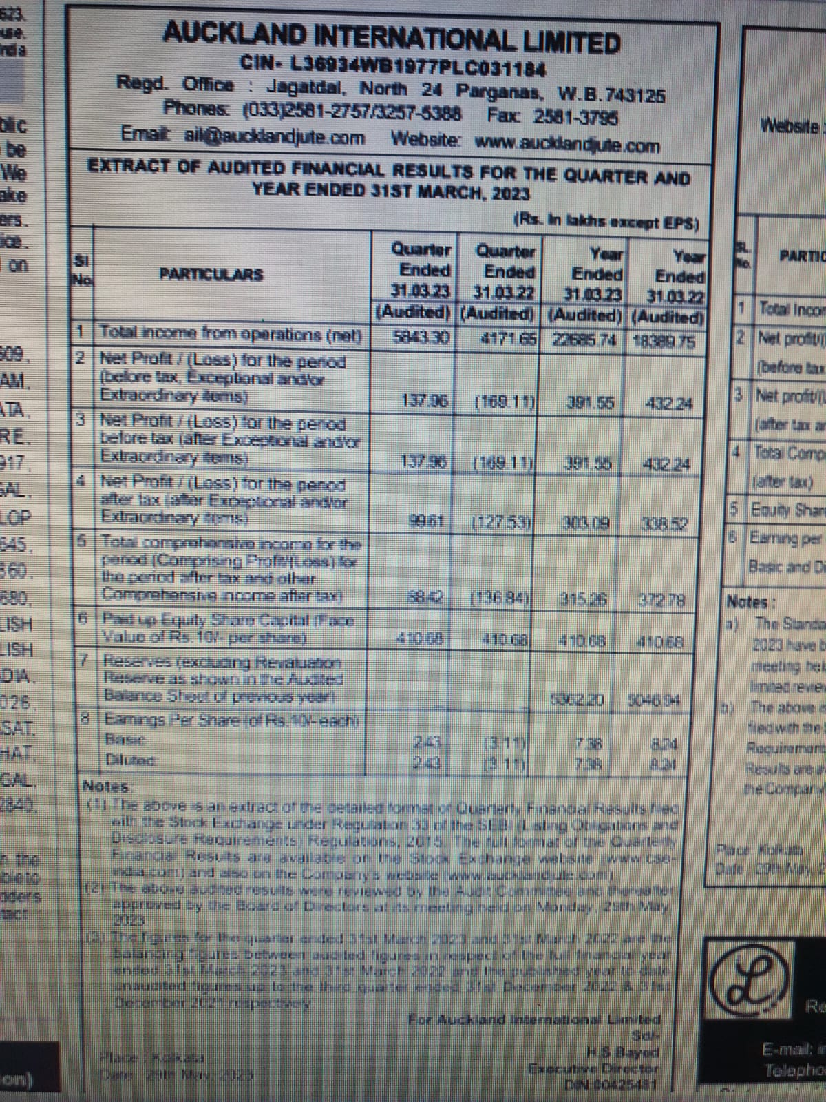 AN EXTRACT OF AUDITED FINANCIAL RESULTS FOR THE QUARTER AND THE YEAR ENDED 31st MARCH 2023 OF AUCKLAND INTERNATIONAL LIMITED