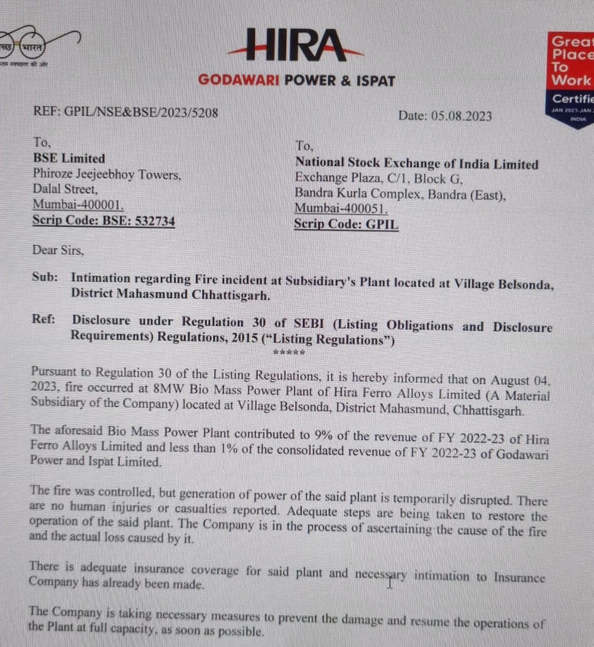 Hira Ferro Alloys Ltd: Biomass Power Plant Fire Disrupts 9% of Revenue, but Insurance to Cover Losses